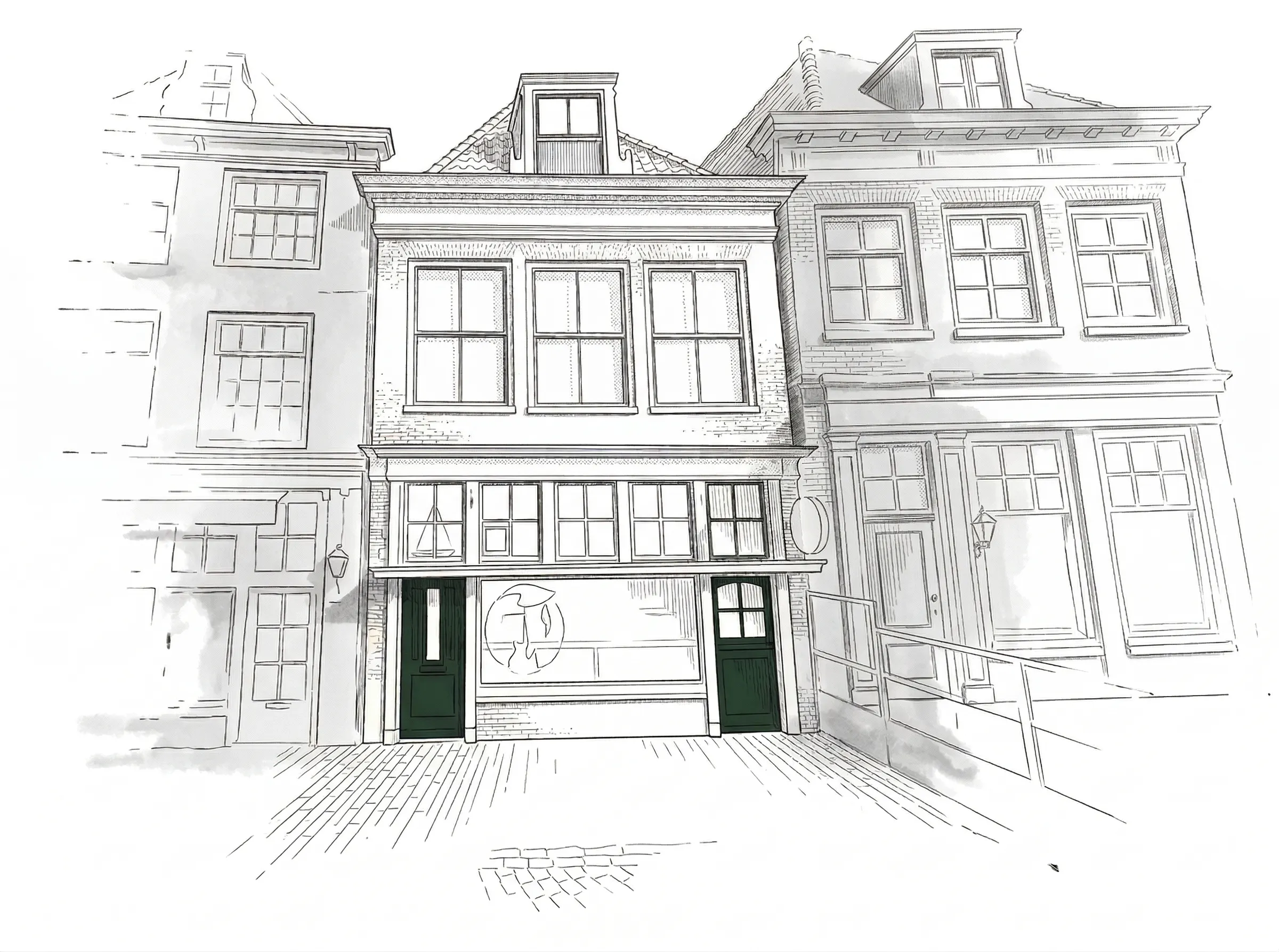 Historische pentekening van het gebouw